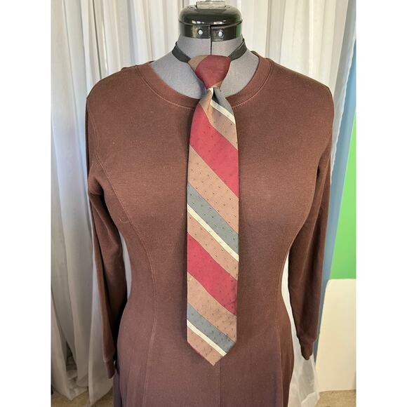vintage zipper tie 1980s wide Diagonal stripe brown red - Picture 1 of 9